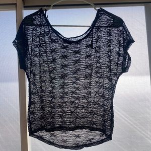 American eagle black flowered see through mesh top xs